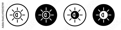 Brightness icon set. Bright sun display and sunshine vector symbol in a black filled and outlined style. Adjust sunlight exposure sign.