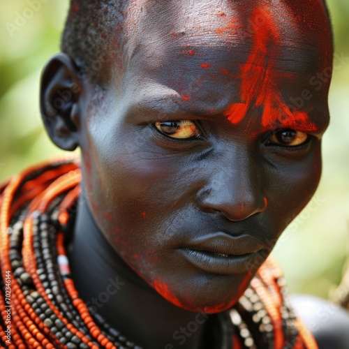 a man with red paint on his face photo