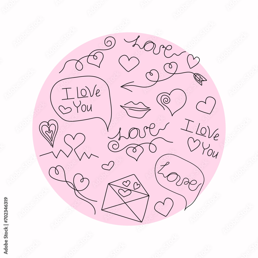 Set of hearts, decorative elements, icons and inscriptions. Valentine's Day. Lettering is manual. Phrase I love you. Vector illustration. Isolated background. Set of hearts, decorative elements, icons and inscriptions. Valentine's Day. Lettering is manual. Phrase I love you. Vector illustration. Isolated background.