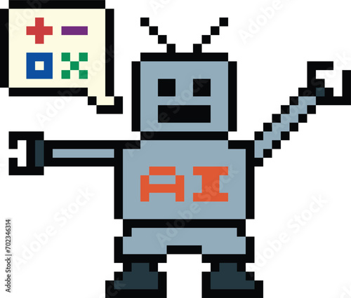 Cute pixel cartoon 8bit character robot or AI to learn or learning skill talk with chat box for education calculate bot vector technology.