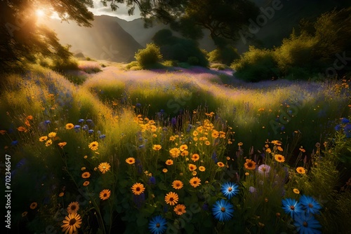 Picture a breathtaking nature background adorned with a diverse array of wildflowers. The impeccable lighting © Muhammad