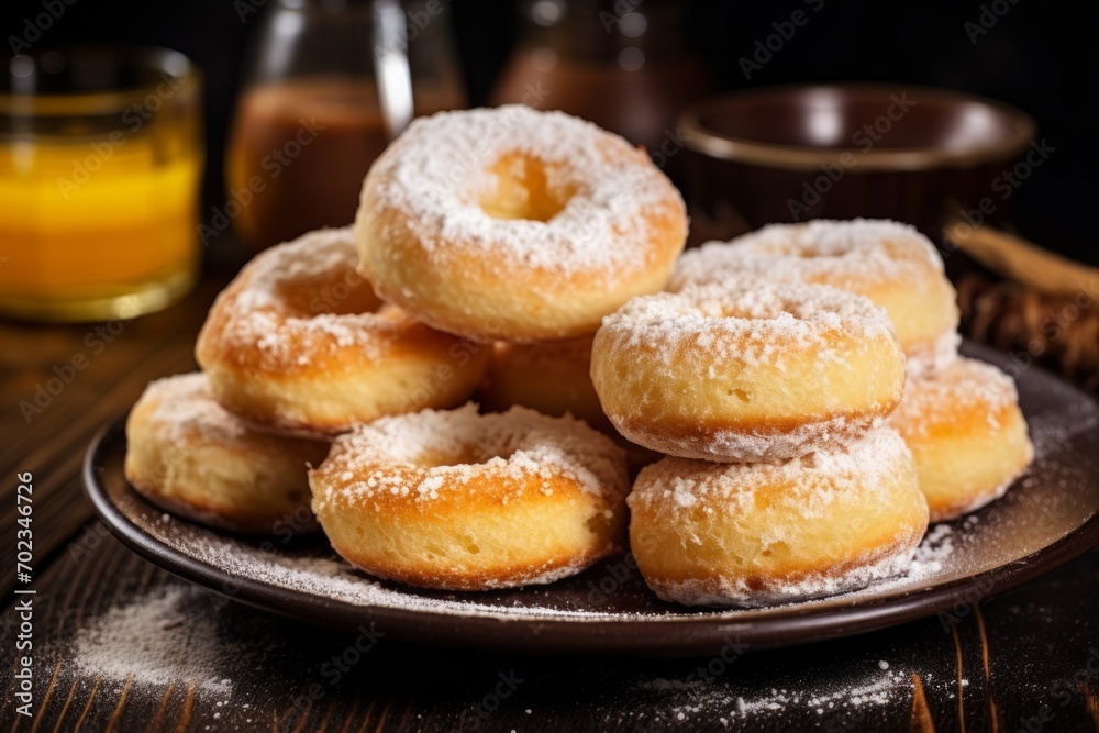 Freshly baked homemade donuts with powdered sugar on a plate, on the wooden table Freshly baked homemade donuts with powdered sugar on a plate, on the wooden table