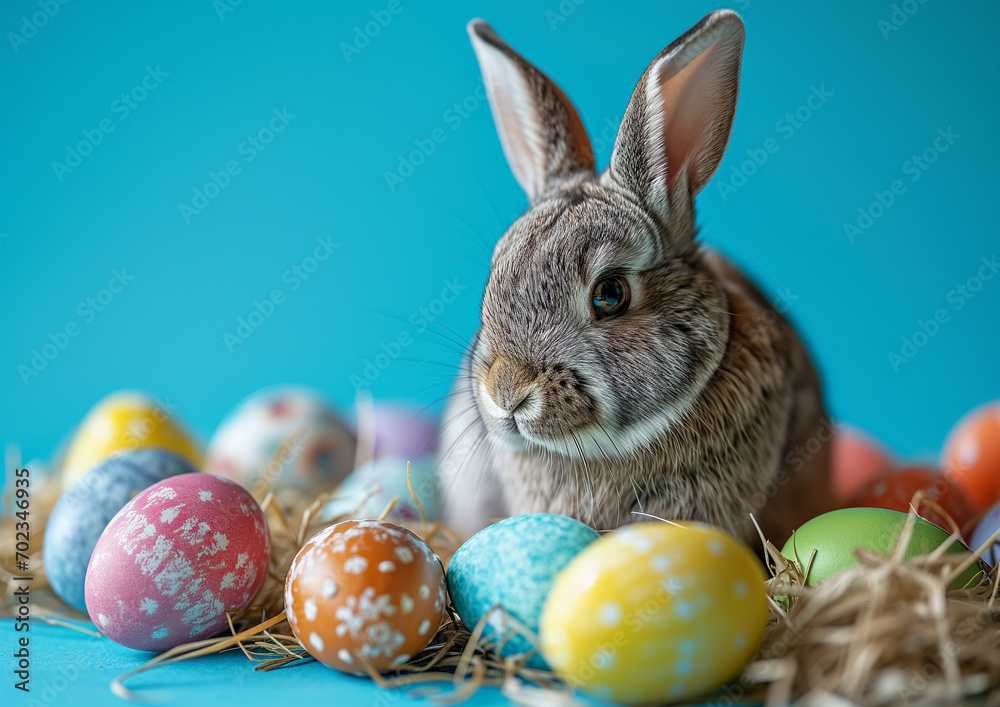 An easter bunny in the middle of colourful easter eggs