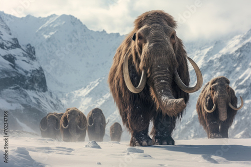 A winter scene featuring a herd of mammoths in a snowy landscape, with a focus on their fur and powerful presence.