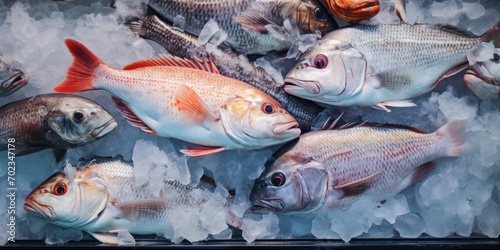 A vibrant seafood market with fresh fish on ice, offering a variety of culinary choices.