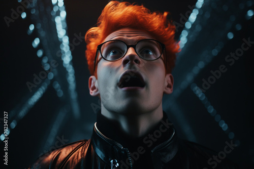 Surprised redhead guy in glasses looking and pointing up gasping amazed standing 3d black realistic abstract background
