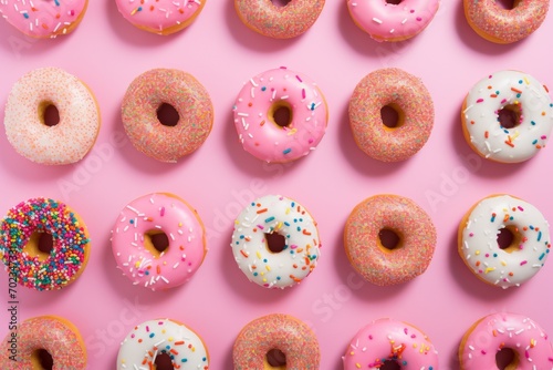 Pattern of many colorful glazed donut with sprinkles on the pink background