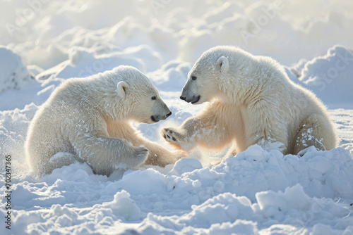 The playful interaction of polar bear cubs on a snowy tundra