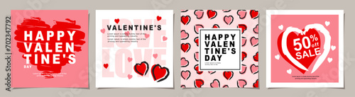 Happy Valentines Day square banner for social media posts, mobile apps, banners, digital marketing, sales promotion and website ads. Vector backgrounds, geometric style with hearts pattern.