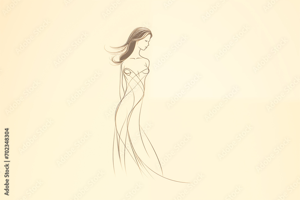 Delicate line art of a woman standing, one hand lightly touching her hip, her head turned slightly to the side. Delicate line art of a woman standing, one hand lightly touching her hip, her head turned slightly to the side.
