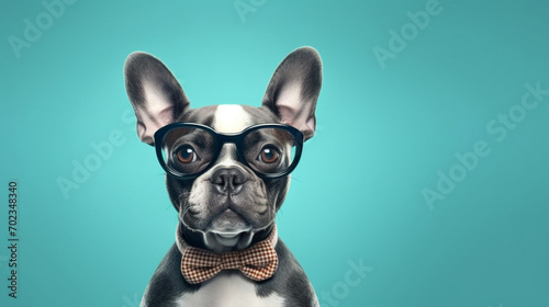 Fench bulldog with black glasses and bow around his neck, Generative AI © Andy Hoech