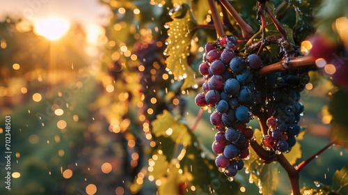 morning dew on grapes, macro shot, among the vines, sunrise on vineyard, glistening dew and grape purples. photo
