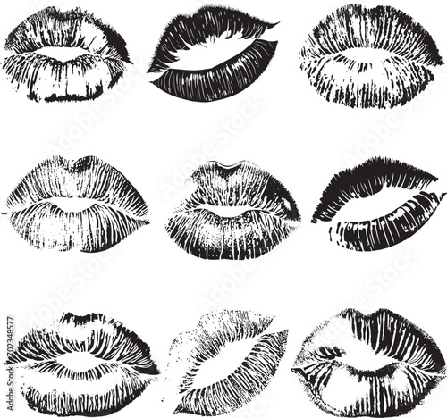 Lipstick kiss print isolated vector set. red vector lips set. Different shapes of female sexy pink and red lips. Sexy lips makeup, kiss mouth. Female mouth. Print of lips kiss vector background.