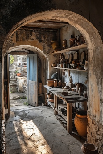 a room with a table and shelves with pottery