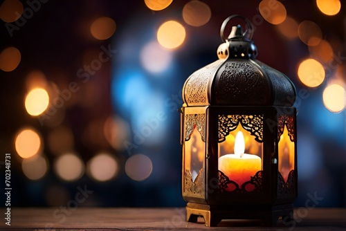 Islamic lantern with candle on blurred background, for ramadhan, eid al fitr and adha. copy space