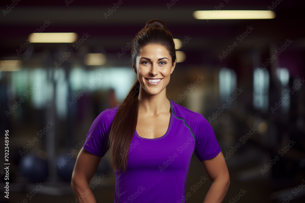 coach young woman smiling in gym, in purple clothes, blurred background