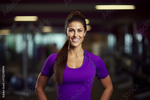coach young woman smiling in gym, in purple clothes, blurred background