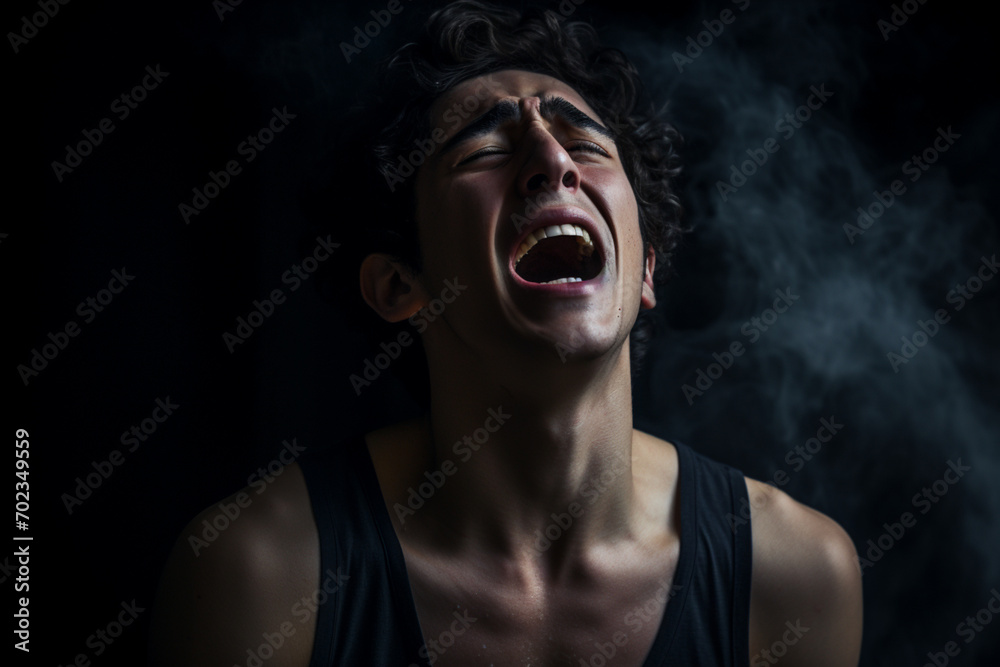 Young man experiencing mental anguish and screaming against a black background