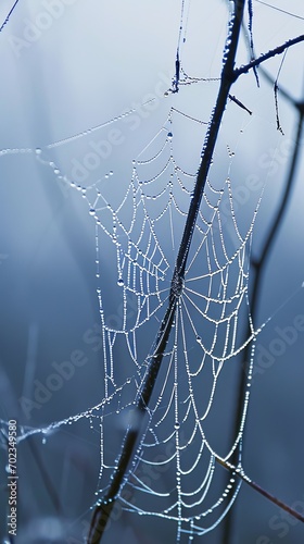 a spider web with dew on it