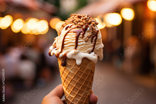 Ice cream in a waffle cone in hand against a city bokeh background. Generated by artificial intelligence photo