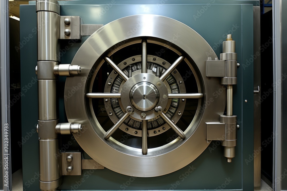 Front view of half open bank vault door with security safe box for full frame safe storage Front view of half open bank vault door with security safe box for full frame safe storage