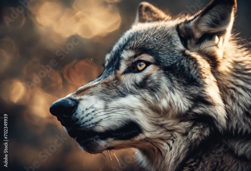 Sinister wolf shifter with red eyes in gloomy night forest shrouded in mist, scary werewolf grin in ominous dark woods ready for attack victim, evil werewolf hunter with red eyes