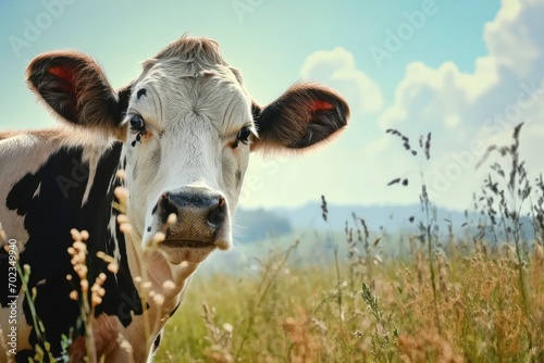 Funny cow looks into the camera in a field with Alps on the background