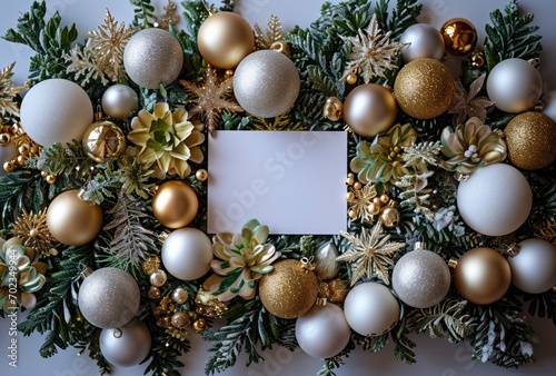 Merry christmas decorative card with golden ornaments