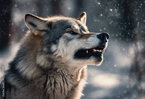 Sinister wolf shifter with red eyes in gloomy night forest shrouded in mist  scary werewolf grin in ominous dark woods ready for attack victim  evil werewolf hunter with red eyes