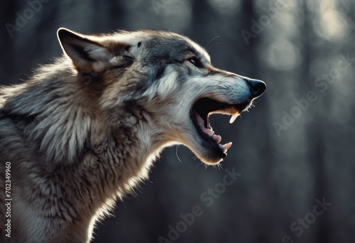 Sinister wolf shifter with red eyes in gloomy night forest shrouded in mist, scary werewolf grin in ominous dark woods ready for attack victim, evil werewolf hunter with red eyes photo