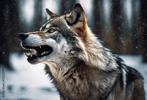 Close-up of the grin of an evil wolf on a white background. © Татьяна Григорьева