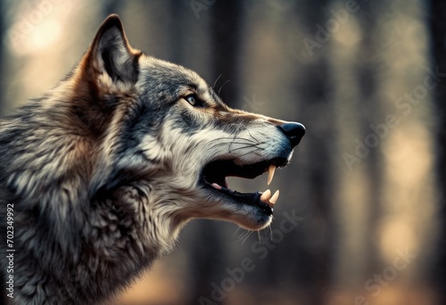 Close-up of the grin of an evil wolf on a white background.