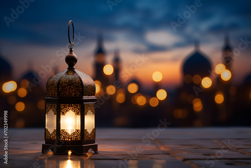 Islamic lantern on blurred mosque background, for ramadhan, eid al fitr and adha. copy space photo