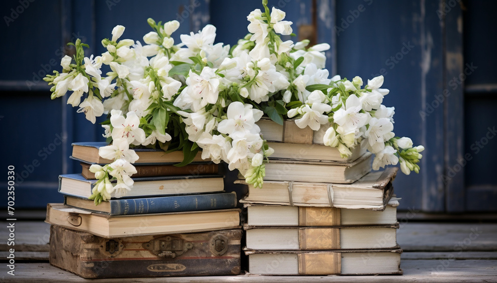A group of books with white flowers A group of books with white flowers