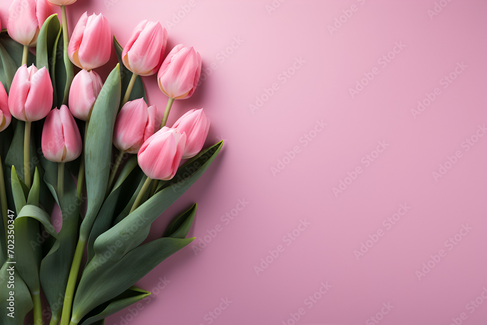 Pink tulips on a table copy space