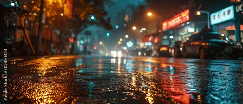a wet street with lights on it