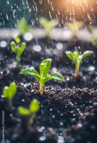 young plants growing up on ground with raining drop save the life
