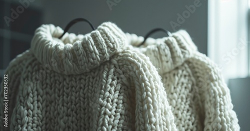 Long knitted sweaters hanging on hanger