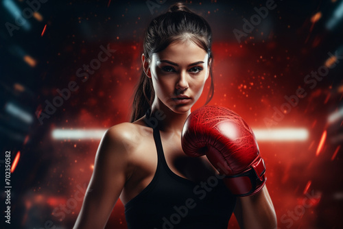 Young woman boxing. mixed media 3d black realistic abstract background © Ahmed