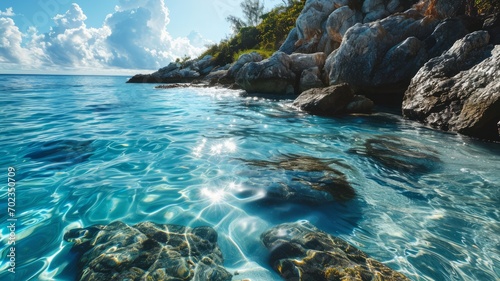Photo of a turquoise blue sea with rocks