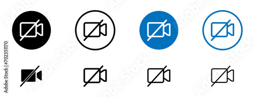 Video off social media line icon set. Digital camera disable symbol in black and blue color. photo