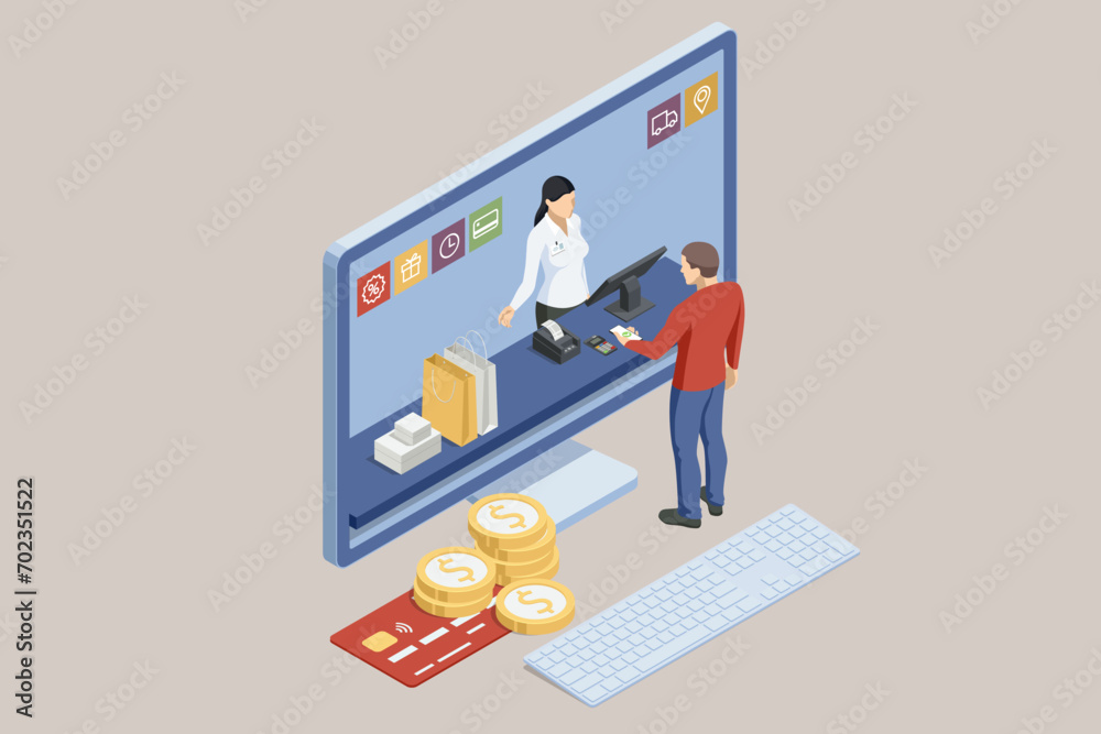 Isometric Online Shopping Store on Website and Mobile Phone design. Payment Approved, online card Payment, Online Marketing Smartphone device with receipt. Isometric Online Shopping Store on Website and Mobile Phone design. Payment Approved, online card Payment, Online Marketing Smartphone device with receipt.