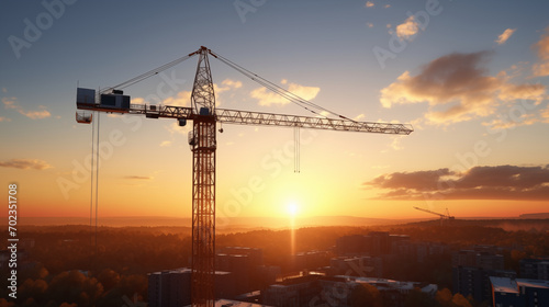 Realistic Illustration of a Construction Crane Amidst a Breathtaking Sunset