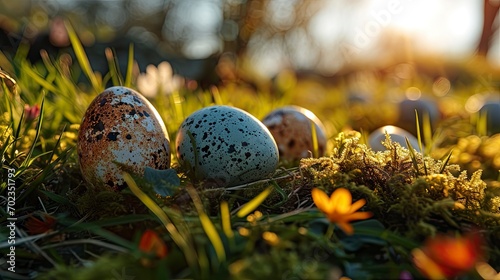 Easter Eggs On Green Grass Flower, Background HD, Illustrations
