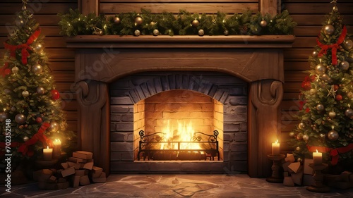 Warm and Festive Fireplace Adorned with Christmas Lights and Seasonal Decorations