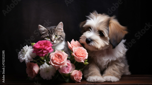 Cute cat and dog near a bouquet of flowers © Abdulmueed