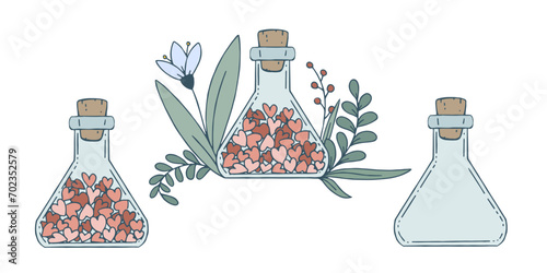 Stoppered glass bulb with love potions and heart inside with floral elements. Vector clip-art illustration on a white background.