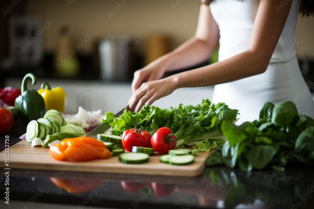 Unrecognizable young woman cooking healthy food in kitchen   dieting concept for healthy lifestyle