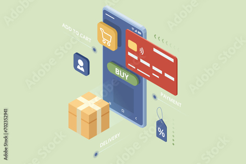 Isometric Online Shopping Store on Website and Mobile Phone design. Payment Approved, online card Payment, Online Marketing Smartphone device with receipt.