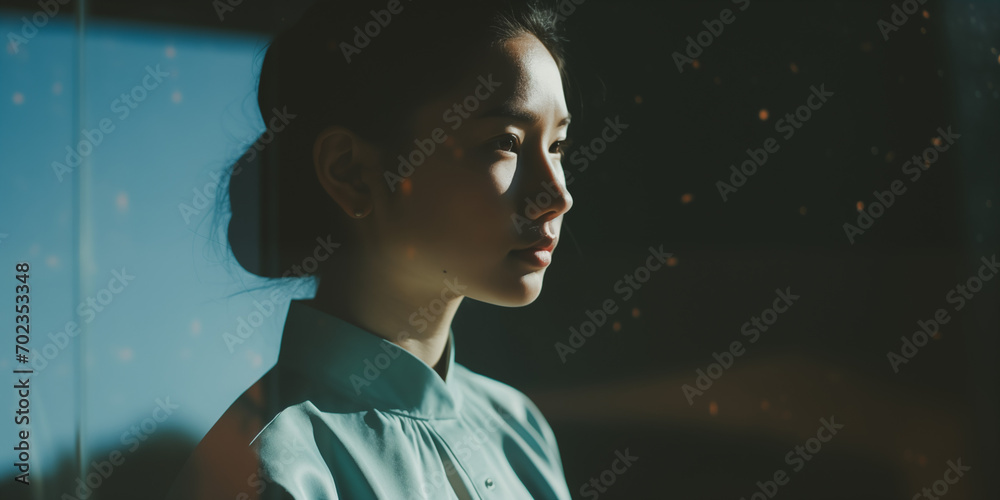 Woman in profile against a window, twilight hues and bokeh lights Woman in profile against a window, twilight hues and bokeh lights